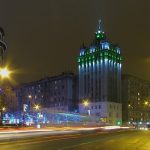 Apartment building with a spire represents “Stalin Empire style”. It’s located on the Constitution square, is a high-rise dominating structure of the square and occupies the whole block. It’s high is 7-11 floors.It was built by the project of P.I. Areshkin in 1954.